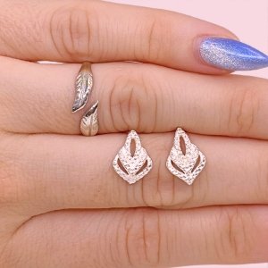 Conjunto Anillo Hojas y Aros Hojita de Plata 925
